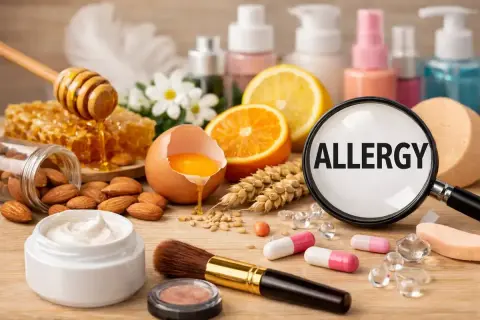 Składniki naturalne jak miód, migdały, jajko, owoce cytrusowe i zboża mogą wywoływać alergeny w kosmetykach. Lupa z napisem "ALLERGY" podkreśla ten problem.