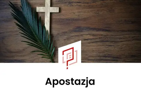 Złoty krzyż i gałązka palmy na drewnianym tle. Pod spodem napis "Apostazja", symbolizujący wolność wyboru i co daje apostazja.