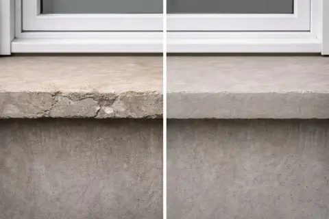 Antes y después de pintar alfeizar ventana. El lado izquierdo muestra el alfeizar deteriorado, el derecho, reparado y liso.