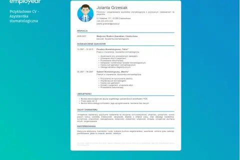 Przykładowe CV asystentki stomatologicznej z danymi kontaktowymi i doświadczeniem zawodowym.