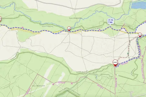 Mapa Pustyni Błędowskiej z zaznaczoną trasą rowerową Velo Przemsza. Start i meta oznaczone, punkty kontrolne 1-4.
