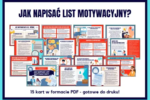 Grafika przedstawia kolaż z kilkunastu kart informacyjnych o pisaniu listów motywacyjnych, z nagłówkiem "JAK NAPISAĆ LIST MOTYWACYJNY?".