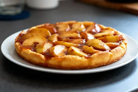 Tarte Tatin aux pommes, dorée et caramélisée, prête à être dégustée après sa cuisson parfaite.