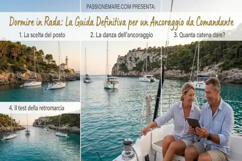 Coppia su barca studia la migliore posizione per l'ancoraggio in una baia con altre barche.