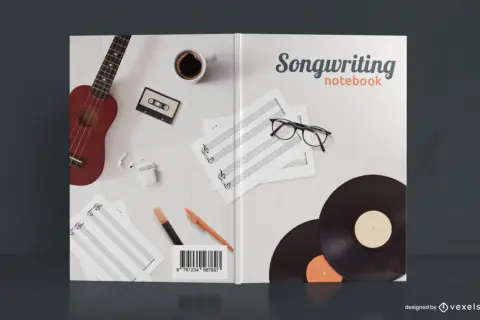 Ideas para cómo hacer una portada de cuaderno de composición musical: ukelele, café, casete, partituras, gafas, vinilos.