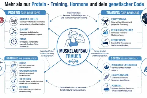 Schema für Trainingsplan Muskelaufbau bei Frauen: Protein, Hormone, Training & Genetik sind entscheidend für den Erfolg.