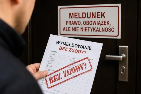 Formularz "Wymeldowanie bez zgody?". Nad nim tabliczka "Meldunek - prawo, obowiązek, ale nie nietykalność".