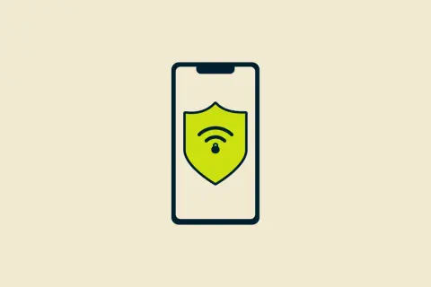 Ikona telefonu iPhone z zieloną tarczą symbolizującą bezpieczeństwo i sieć Wi-Fi.