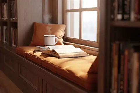 Un coin lecture douillet avec un livre intrigue ouvert, une tasse fumante et des étagères remplies de livres.