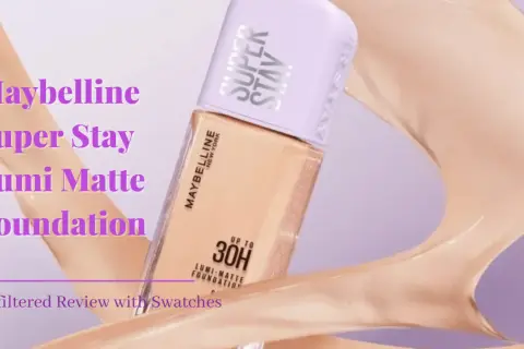 Maybelline Super Stay Lumi Matte Foundation w płynnej, beżowej konsystencji, prezentuje się w otoczeniu kremowych fal.