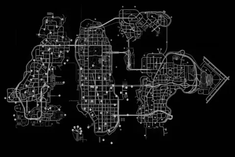 Mapa Liberty City z zaznaczonymi punktami, przydatna do znajdowania sekretów i wykonywania misji w grze GTA 4 na PS3.
