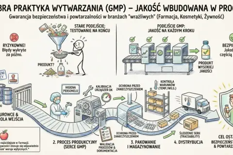 Schemat ilustruje proces GMP, gdzie jakość jest budowana na każdym etapie, od surowców po dystrybucję, zapewniając bezpieczeństwo i powtarzalność.