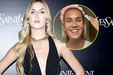 Influencerka z listą celebrytów, którzy stracili kontrakty reklamowe przez jeden wpis, w czarnej sukni i z złotą biżuterią.