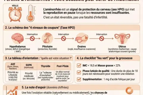 Schéma expliquant l'axe HPO et les causes de l'aménorrhée, essentiel pour la fertilité femme. Il détaille les niveaux de coupure et des conseils pour la grossesse.
