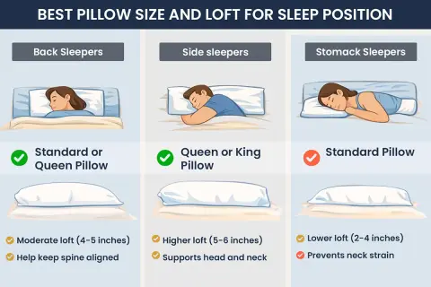 Guide to best pillow types for back, side, and stomach sleepers, detailing size and loft recommendations for optimal sleep.