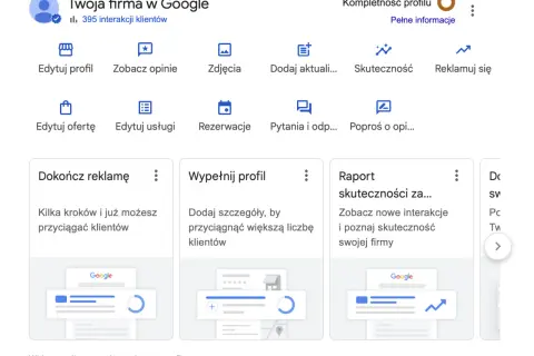 Panel zarządzania wizytówką Google. Możesz edytować profil, dodawać zdjęcia, aktualizacje, sprawdzać skuteczność i reklamować firmę.