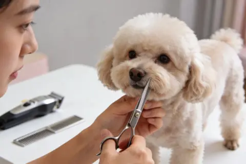 Un caniche recibe un corte de pelo. Una persona usa tijeras para arreglar su cara.