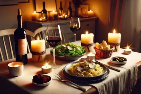 Ein romantisches Essen zuhause: Kerzenlicht, Wein, Pasta mit Trüffeln und ein frischer Salat. Perfekt für einen besonderen Abend.