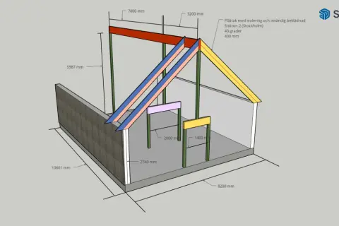 3D-modell av takkonstruktion med mått. Visar byggbeskrivningar dimensionering för ett plåttak med isolering och invändig beklädnad.