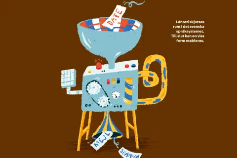 Illustration of a machine processing paper slips with "DATE", "MEJL", and "SKANNA" into a Swedish language system.