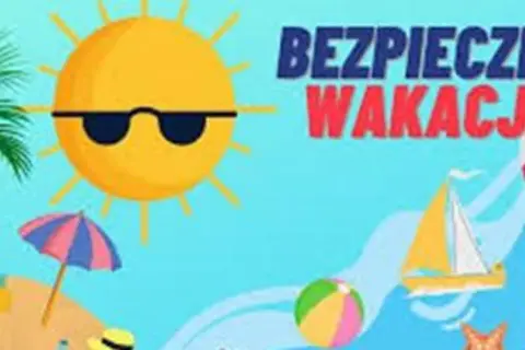 Słońce w okularach, palmy, plaża i koło ratunkowe przypominają o bezpiecznych wakacjach.