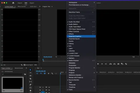 Premiere Pro window showing the "Window" menu open, with "Essential Graphics" highlighted, a key step for how to add text in Premiere Pro.