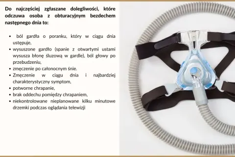 Maska CPAP i lista objawów: ból gardła, suchość w ustach, zmęczenie, chrapanie, bezdech senny.