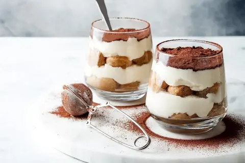 Dwa pucharki z deserem tiramisu, warstwy biszkoptów i kremu, posypane kakao. Idealna mizeria na słodko.