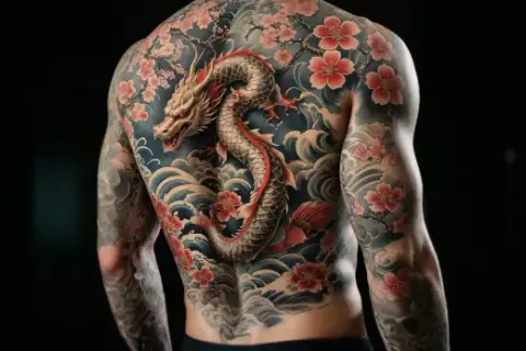 Ein Mann trägt ein beeindruckendes Tattoo mit einem Drachen, Kirschblüten und Wellen, das traditionelle japanische Tattoos repräsentiert.