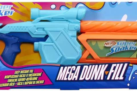 Duży Nerf Super Soaker Mega Dunk-Fill w jaskrawych kolorach, gotowy do wodnych bitew.