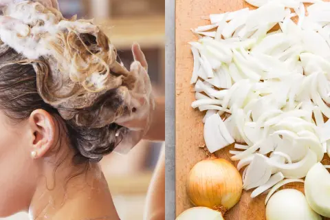 Cabello con espuma y cebollas cortadas. Descubre las champu de cebolla propiedades para un cabello fuerte y saludable.