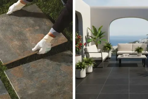 Pose de dalles grès cérame pleine masse sur une pelouse et sur une terrasse moderne avec vue mer.