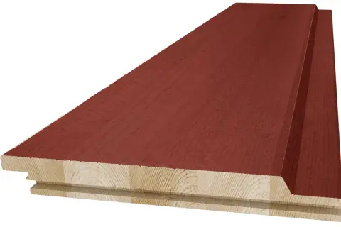 Röd panel med synlig limma faner-konstruktion.