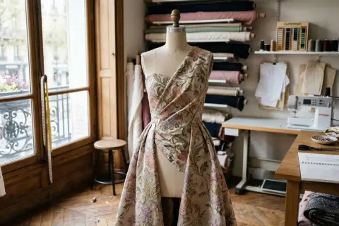 Elegancka sukienka na manekinie, uszyta z bogatego żakard tkaniny z motywem kwiatowym. W tle pracownia krawiecka z materiałami i maszyną do szycia.