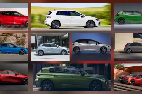 Kolekcja nowoczesnych aut typu auto hatchback w różnych kolorach: czerwonym, białym, zielonym, niebieskim, srebrnym i szarym.