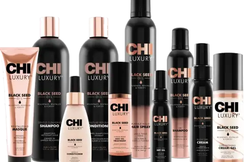 Linia kosmetyków CHI Luxury z olejkiem z czarnuszki na włosy: szampon, odżywka, maska, suchy olejek, suchy szampon, spray do włosów, krem do stylizacji i żel do loków.