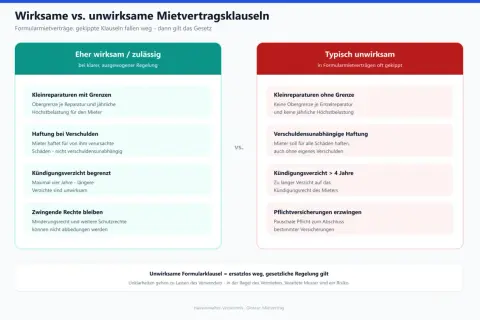 Gegenüberstellung wirksamer und unwirksamer Klauseln in Mietverträgen. Ein unbefristeter Mietvertrag mit klaren Regeln ist zulässig.