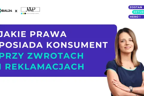 Kobieta z uśmiechem i napis "Jakie prawa posiada konsument przy zwrotach i reklamacjach". Dowiedz się o swoich prawach konsumenta.