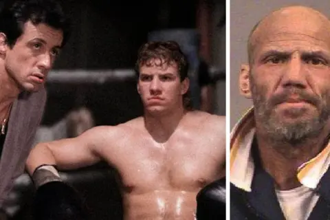 Sylvester Stallone och en ung boxare, kanske Tommy Morrison, bredvid en mugshot av en äldre man.