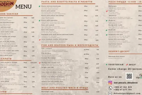 Menu z Czarnogóry: przystawki, makarony, pizza, ryby i owoce morza, mięso i drób, desery. Ceny w euro.