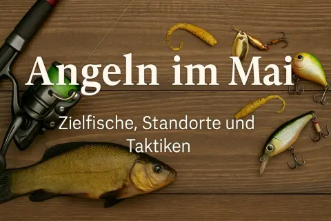 Angel-Ausrüstung und ein Fisch liegen auf Holz. Text: Angeln im Mai. Zielfische, Standorte und Taktiken.