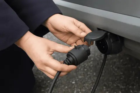 Mains de personne effectuant le branchement faisceau attelage sur feu arrière d'une voiture.
