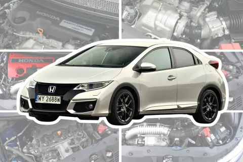 Srebrny Honda Civic 9 z czarnymi felgami i detalami, otoczony zdjęciami silnika.