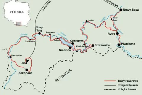 Mapa przedstawia velo dunajec trasa z Zakopanego przez Nowy Targ, Czorsztyn do Nowego Sącza.