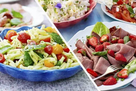 Pastasallad med tomater och pesto, samt rostbiff med jordgubbar. Perfekt för picknick eller som camping mat recept.