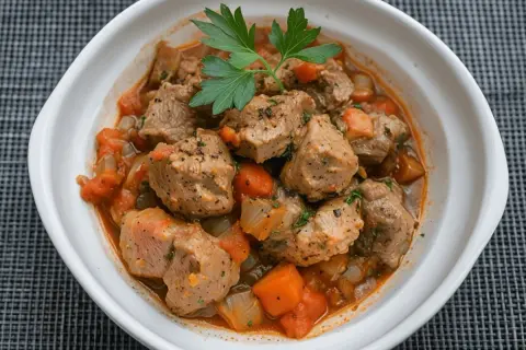 Sabroso estofado de carne de cerdo con tomate de la abuela, trozos tiernos de carne en una salsa casera con cebolla y perejil.