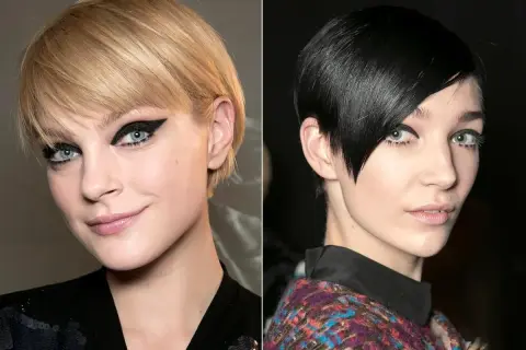 Dwie modelki prezentują odważne fryzury pixie bob. Jedna z blond włosami i wyrazistym makijażem oczu, druga z czarnymi włosami i asymetryczną grzywką.