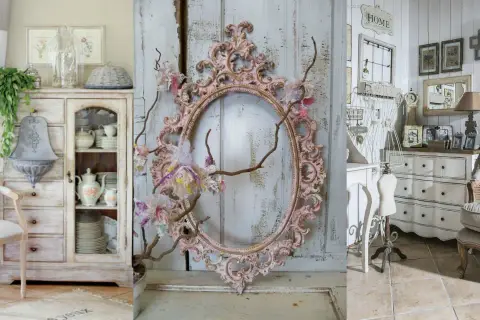 Uroczy salon w stylu shabby chic: biała komoda, ozdobna rama, krzesło z wikliny i stylowe dodatki tworzą przytulną atmosferę.
