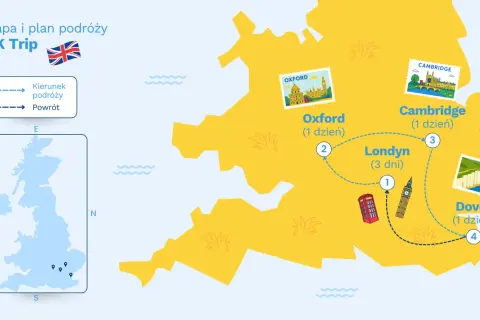 Plan podróży po Wielkiej Brytanii: Londyn, Oxford, Cambridge i Dover. Gdzie jest Oxford? Zaznaczony na mapie jako drugi punkt wycieczki.