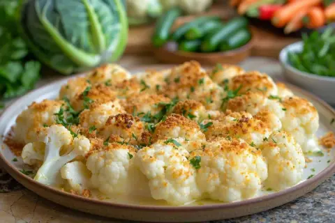 Un plat de gratin de chou-fleur doré et gratiné, parsemé de persil frais. Un délice réconfortant.